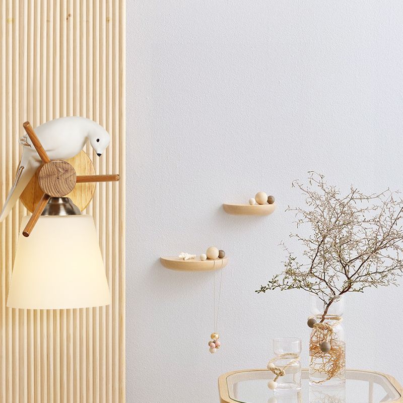 Froosted Glass Tapsed Shade Wandlicht met vogel 1 licht eigentijdse wandlamp in het wit voor bibliotheek