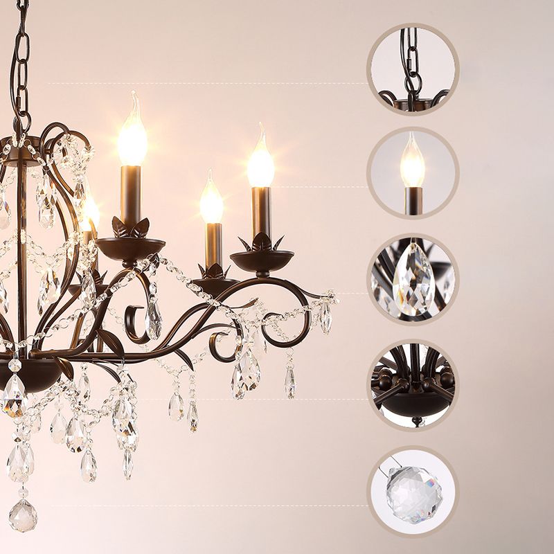 Contemporary Metal Curved Arm Hanging Chandelier Light Black Candle Bedroom Suspension Light with Crystal