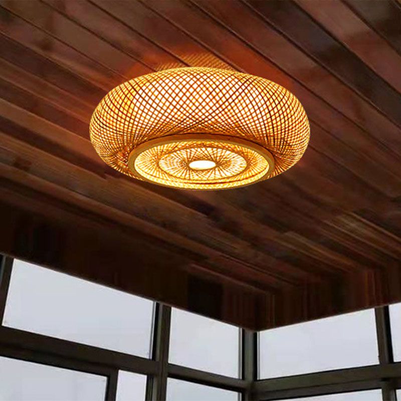 Lámpara de techo empotrada en tambor redondeada, accesorio de iluminación de bambú contemporáneo para dormitorio individual, montaje empotrado en madera