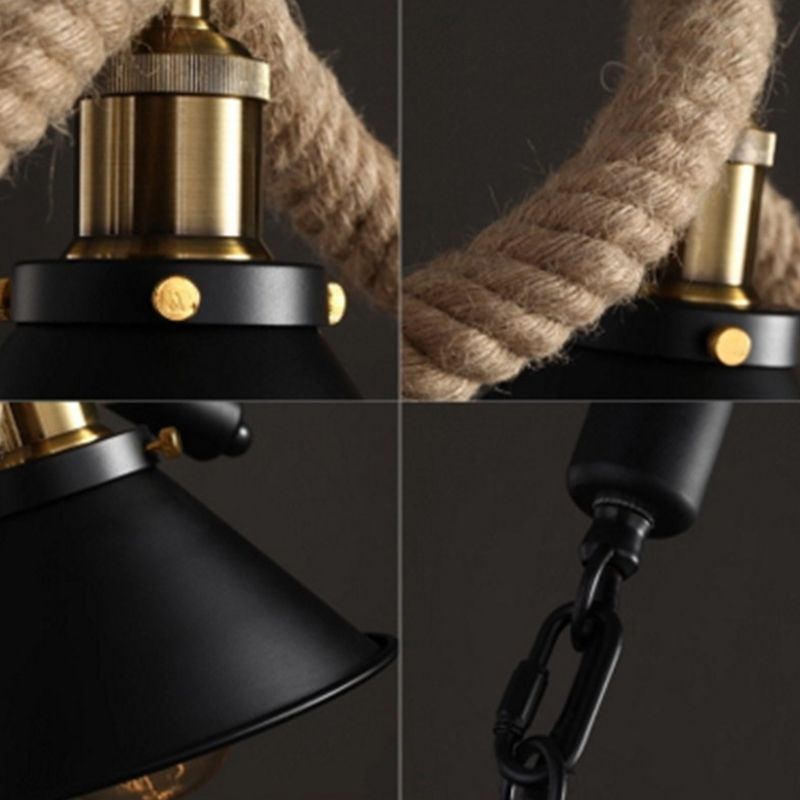 Rope Black Island Pendant Light Cone Antique Island Chandelier Light for Restaurant