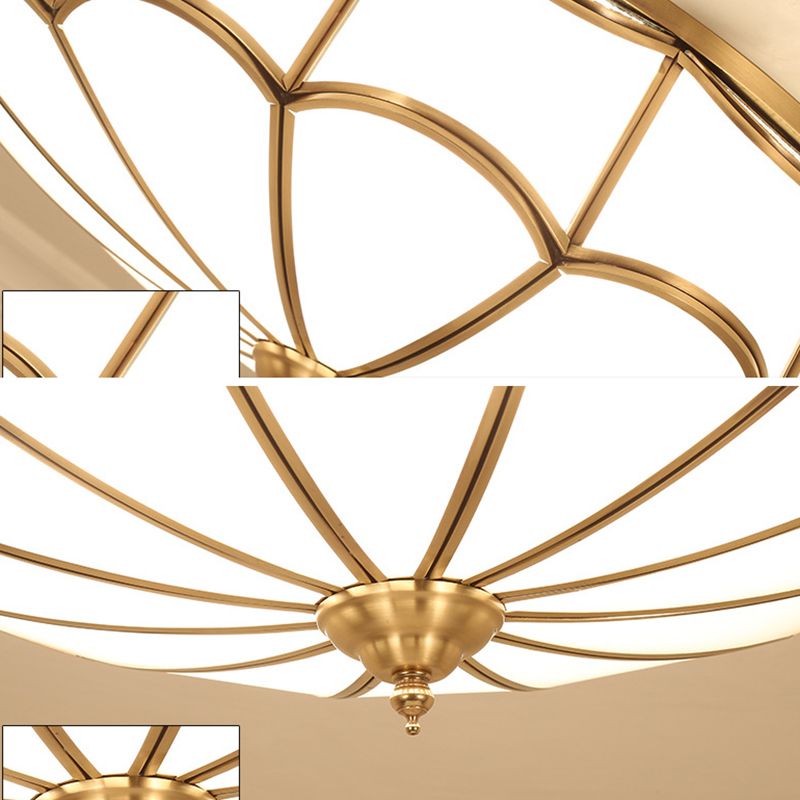 Flush Mount Ceiling Fixture Traditional Bedroom Flush Ceiling Light Fixture with Flower Glass Shade in Brass