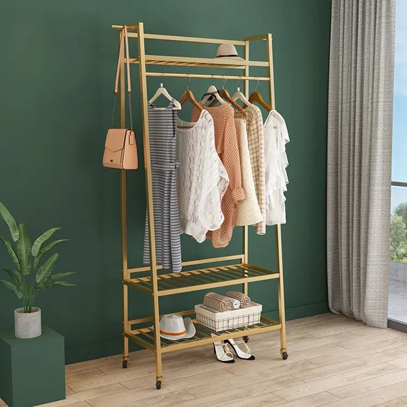 Contemporary Style Open Armoire Gold Metal Armoire with Clothing Rod