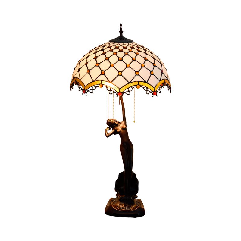 Resin Coffee Pull-Chain Night Stand Light Lady Statue 3-Light Tiffany Table Lamp with Parrot Blue-Brown/Trellis Yellow-White Glass Shade
