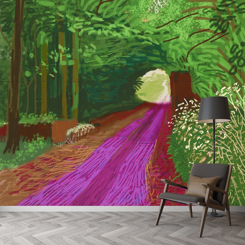 Pop Art Road Painting Mural Wallpaper Green-Purple Stain Resistant Wall Decor for Home