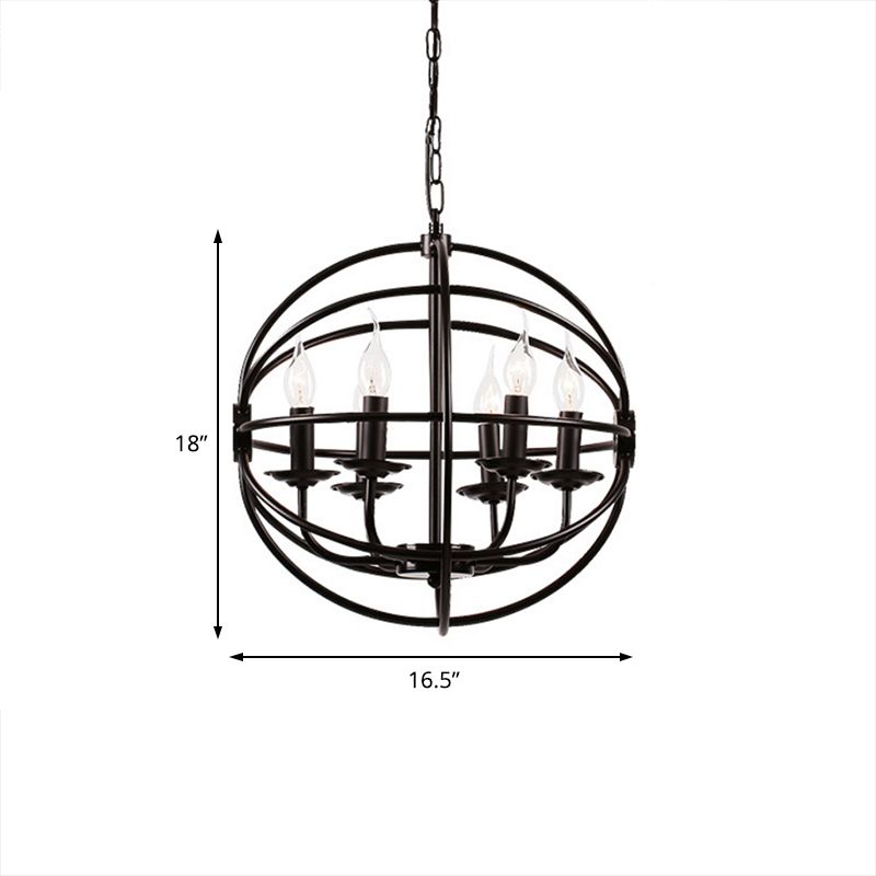 6-Licht-Metallhänge Kronleuchter industrieller schwarzer Kerzen-Esszimmer-Anhängerleuchte mit Globe Design