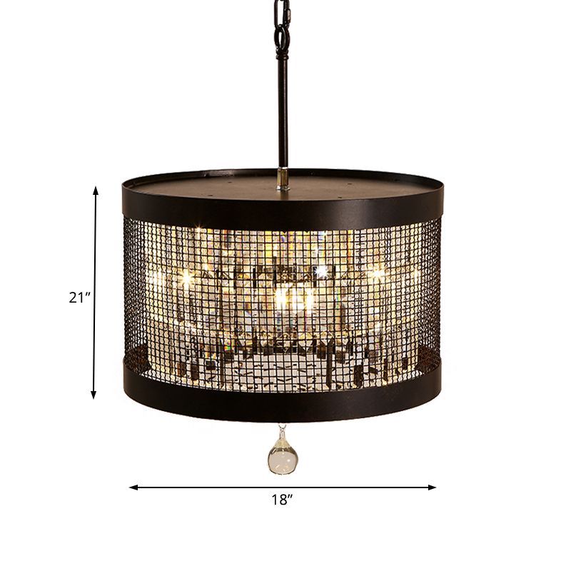 4 Lights Metal Hanging Chandelier Country Black Round Living Room Pendant Light Fixture with Crystal Block