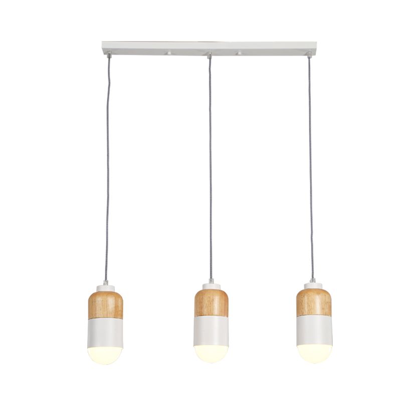 Capsule LED Cluster Pendant Modernisme Métal 3 ampoules Blanc et pendentif en bois Lumière sur la table à manger