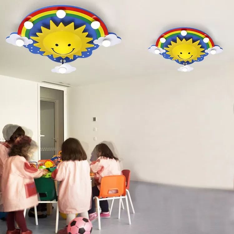 Cartoon Smiling Sun Flush Ceiling Light Wood Ceiling Mount Light in Yellow for Game Room