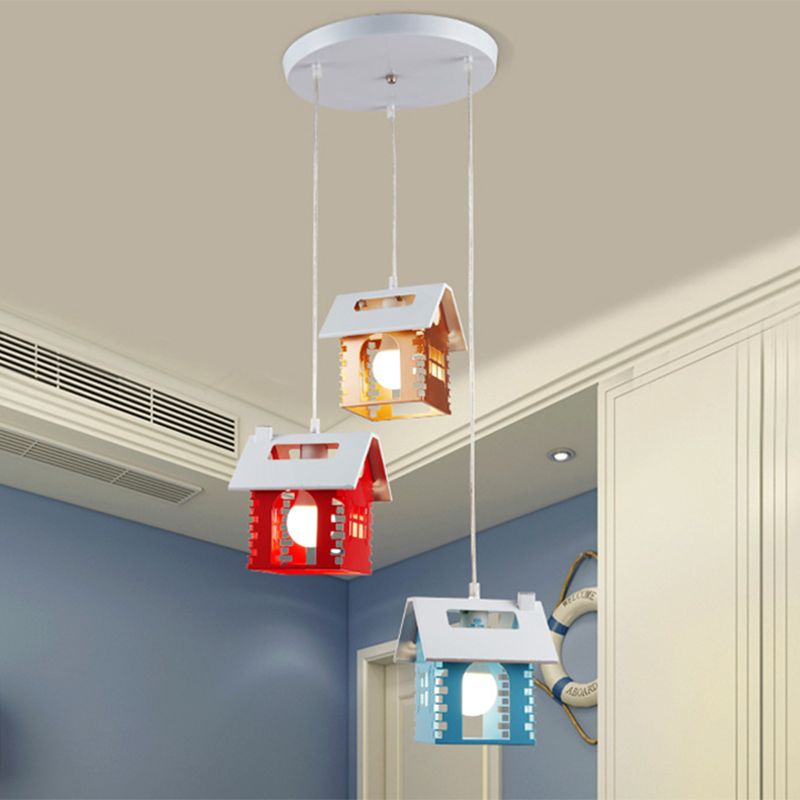 Metallic House Shape Multi Light Pendant Macaron 3 Heads Red-Yellow-Blue Suspension Lamp