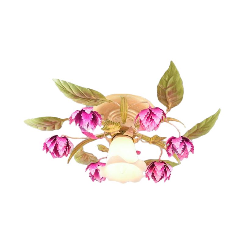 Rose rouge 1/4-Bulb Plafond Mount Light Coréen Garden Grossed Glass Flowerling Semi Flush Lightture pour Corridor
