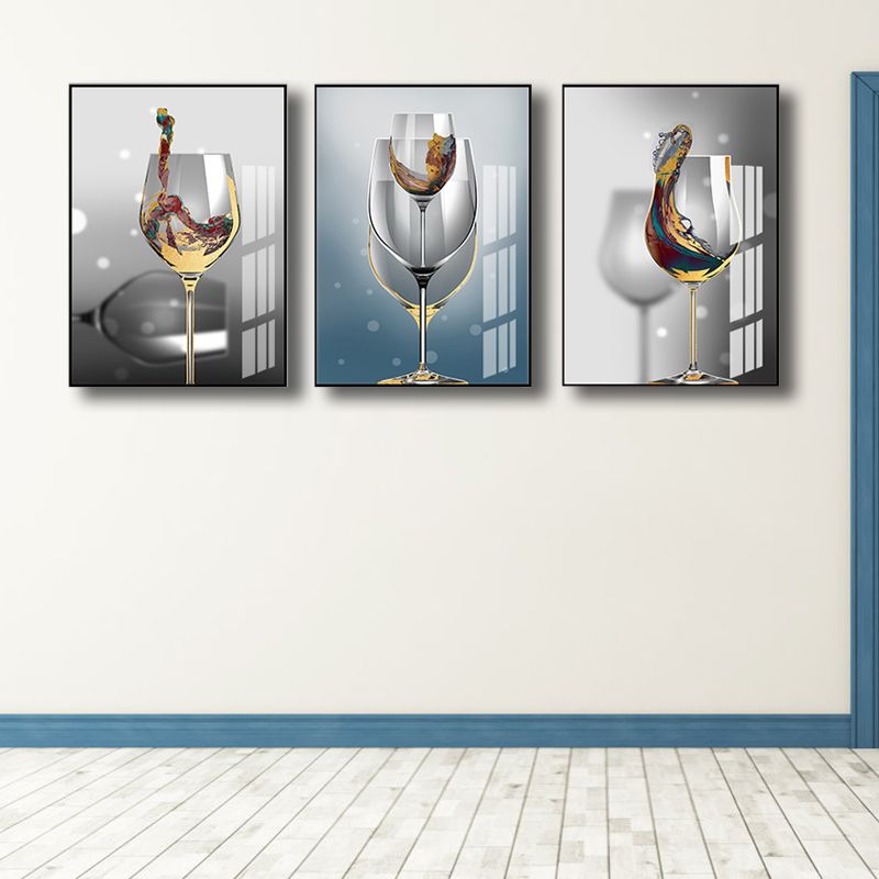 Modern Wine Glasses Wall Art Decor Light Color Dining Room Canvas Print, Set of 3