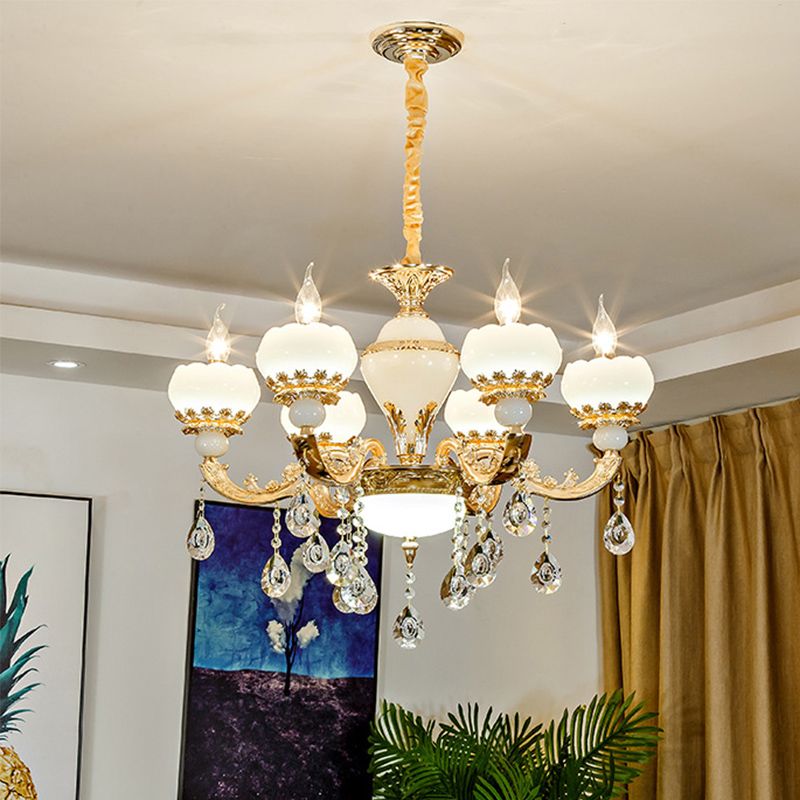 Jade Gold Chandelier Lamp Candle 6 Heads Bedroom Ceiling Light with Crystal Draping