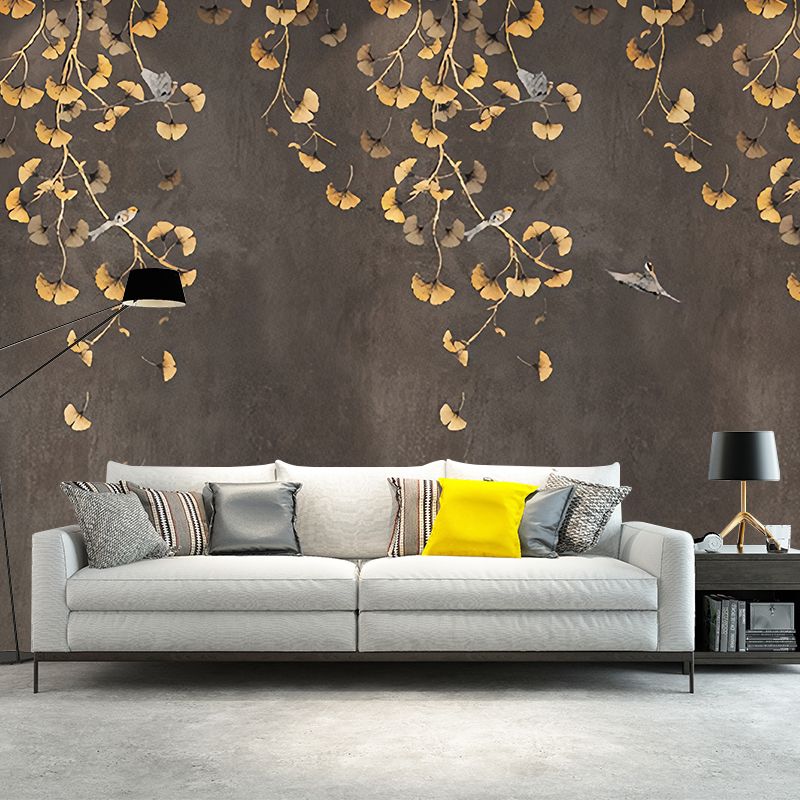 Ginkgo Mural Wallpaper in Gold and Brown, Traditional Wall Covering for Living Room