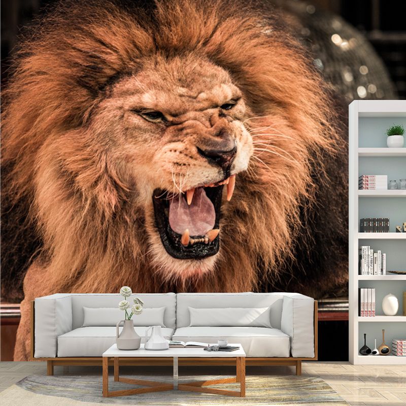 Stain Resistant Roaring Lion Mural Modern Non-Woven Wall Art in Brown, Custom Print