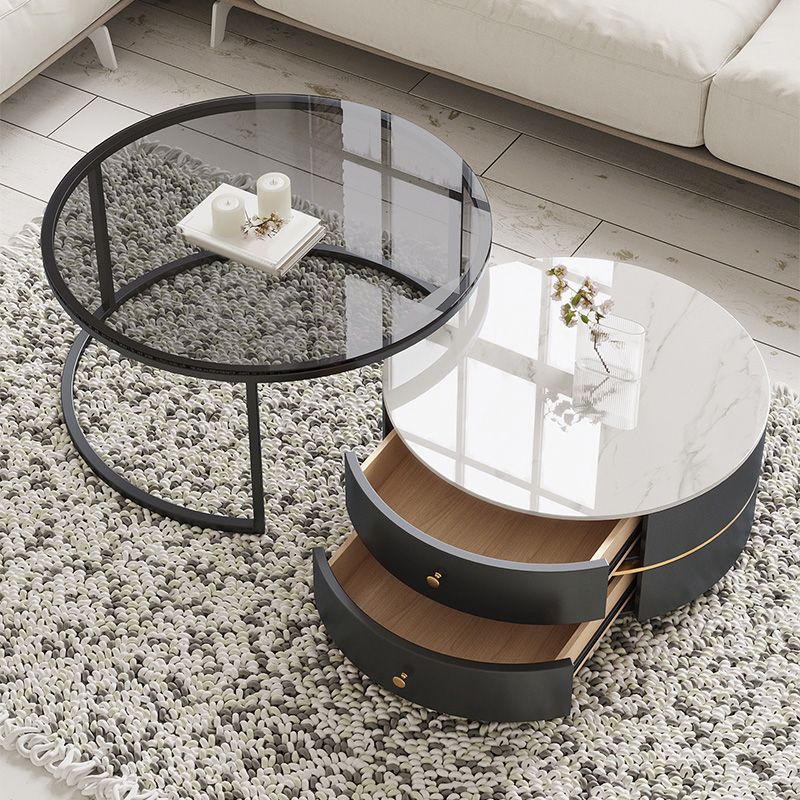 Frame Coffee Table Contemporary Stone/Glass Cocktail Table with Storage Drawers