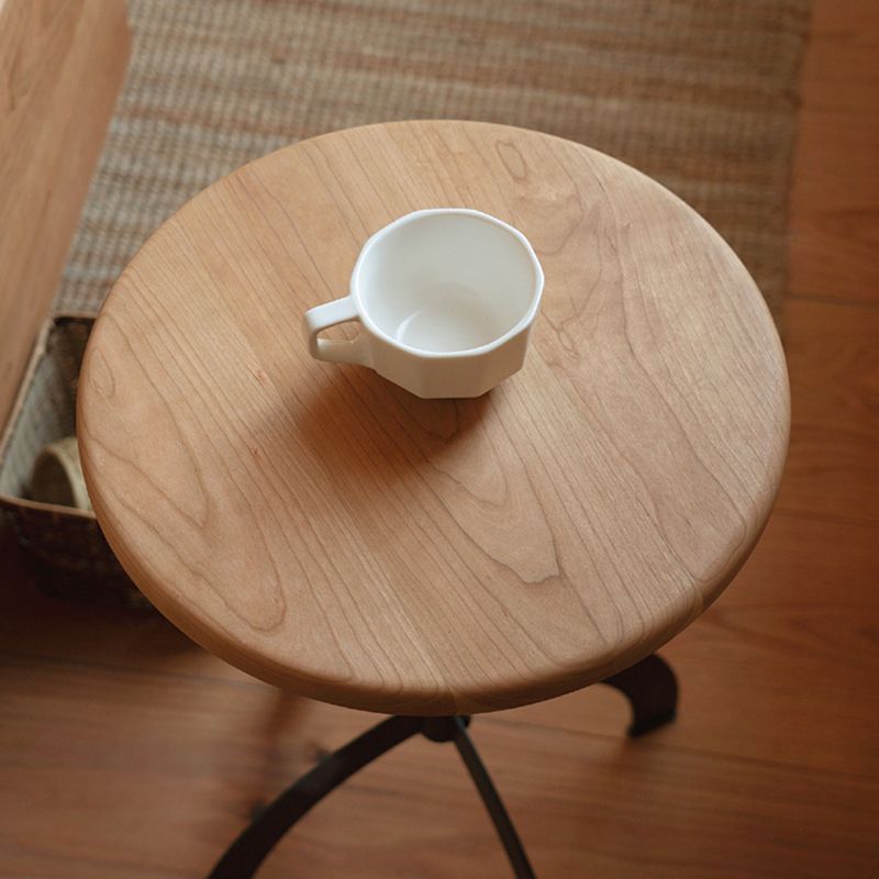 Industrial Solid Wood Round Sofa Side Accent Table with Metal Base