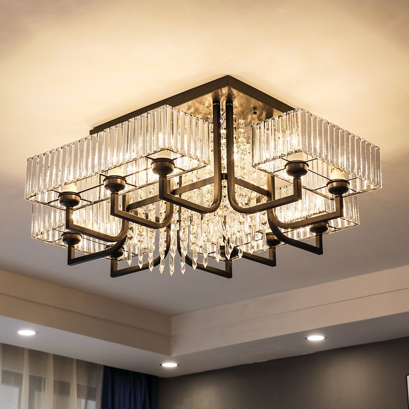 Contemporary Rectangle Ceiling Light Prismatic Crystal Living Room Semi Flush Mount Light in Black