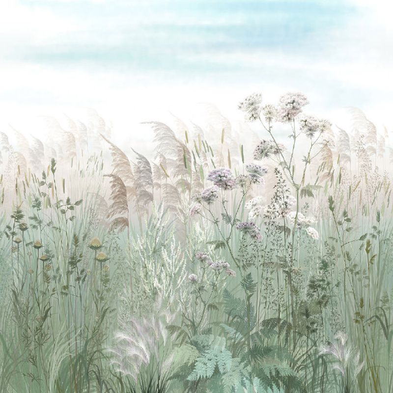 Reed Grass Plant Wall Murals Countryside Non-Woven Material Wall Covering in Grey-Green