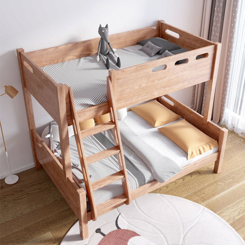 Mid-Century Modern Bunk Bed Rubberwood Solid Color Bed for Home