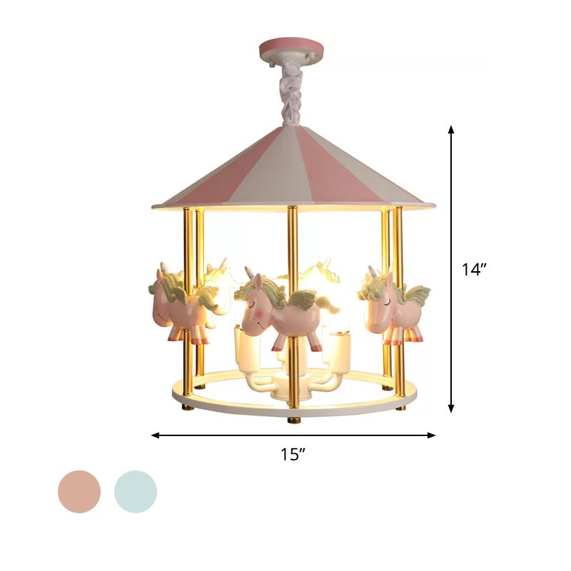 Resin Unicorn Carousel Hanging Lamp Kids 5-Light Pink/Blue Pendant Chandelier for Child Room