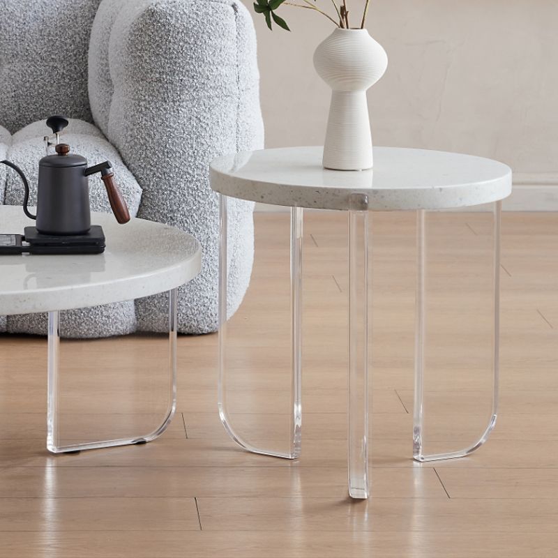 White Round Single Coffee Table Slate Cocktail Table with 3 Legs