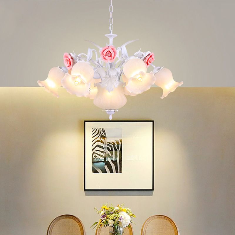 Countryside Blossom Chandelier Lighting Fixture 8 Heads White Glass Pendant Ceiling Light for Dining Room