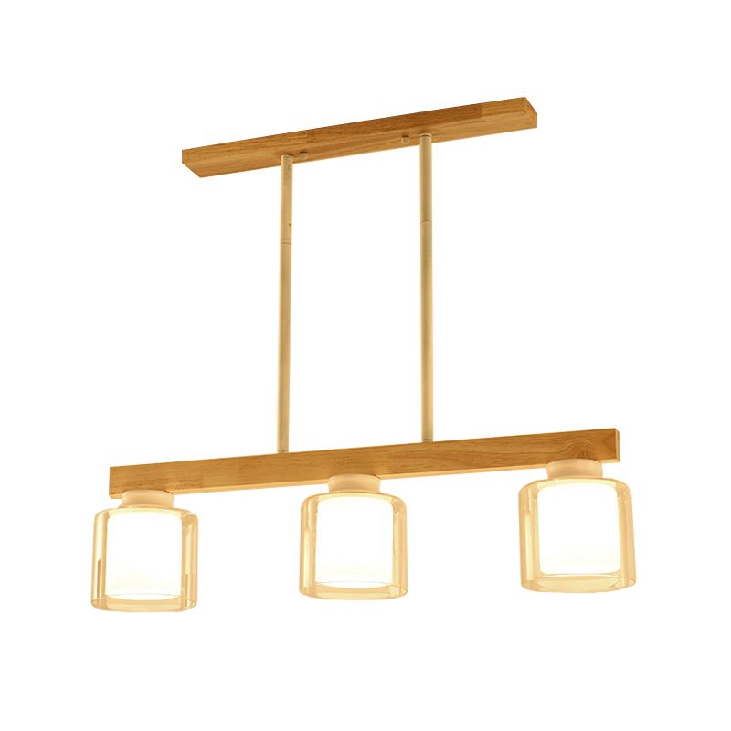 Nordic Linear Island Light Wood 3/4 Heads Dining Room Hanging Lamp with Cylinder White Glass Shade Inside