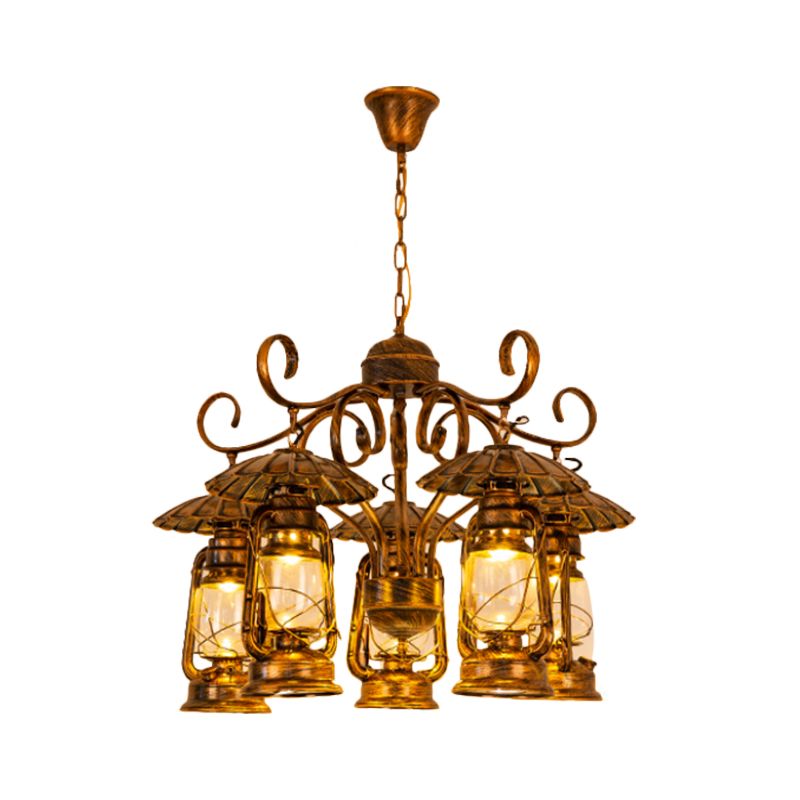 Aged Brass Lantern Suspension Light Village Style Metal and Clear Glass 5 Light Dining Room Chandelier