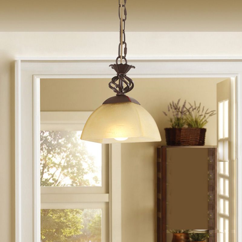 Single-Bulb Pendant Light Vintage Bowl Shape Frost Glass Hanging Pendant Light in Brown