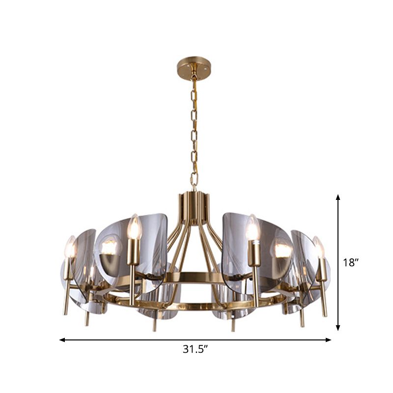 Shield Parlor Ceiling Hang Light Smoky Grey Glass 8 Lights Postmodern Chandelier Lighting in Gold