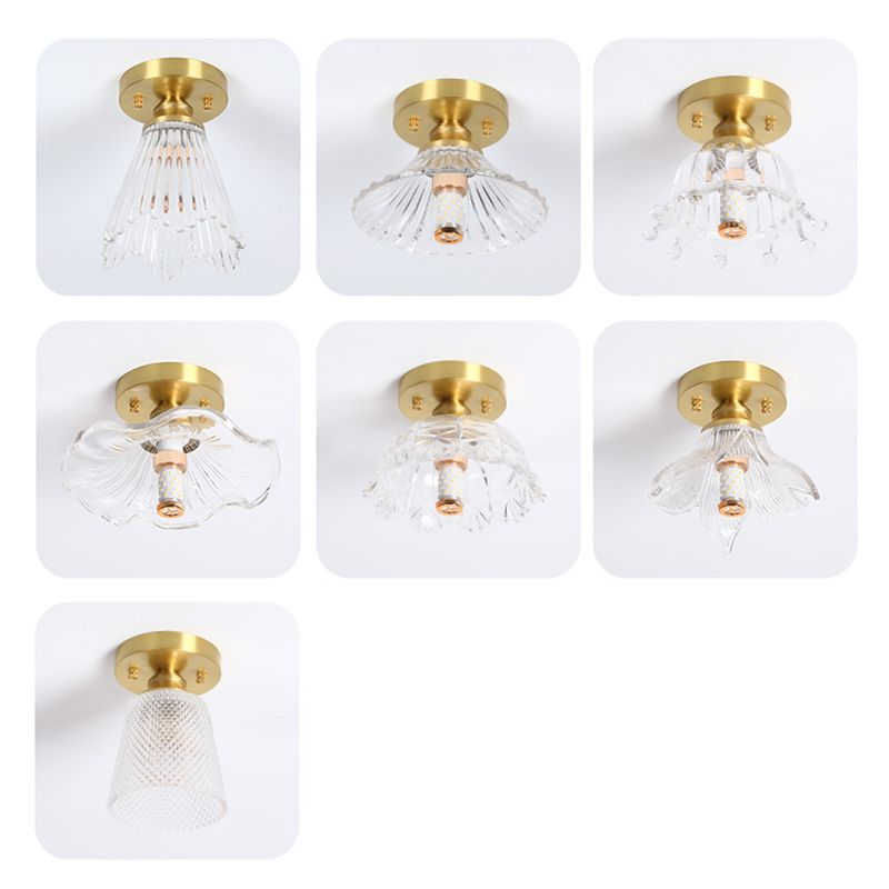 Small Foyer Ceiling Mounted Lamp Textured Glass 1-Bulb Minimalist Semi Flush Light in Brass