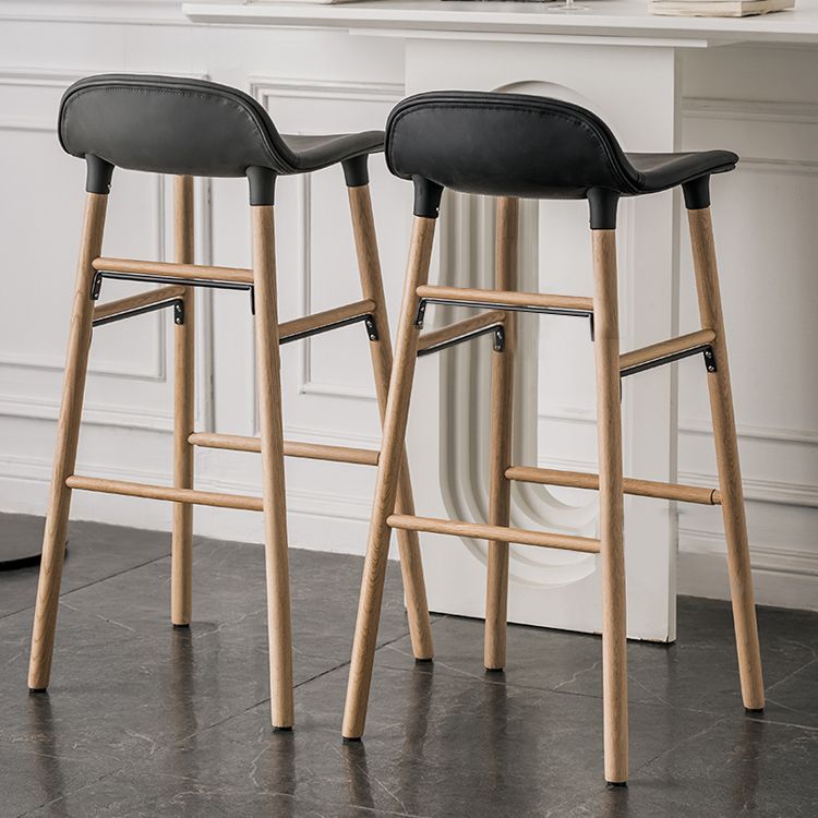 Faux Leather Counter Stool Modern Style Low Back Barstool with Solid Wood Legs