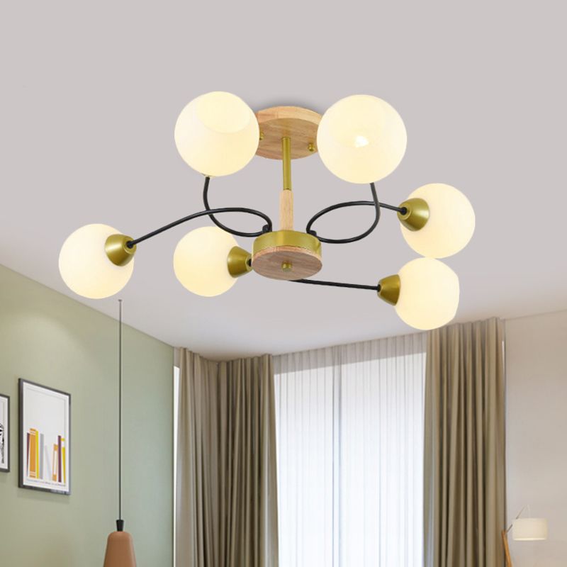 Ball Frosted Weiß Glas Deckenlampe Modernism 6 Lights Gold Semi Flush Mount Chandelier mit Winding Arm