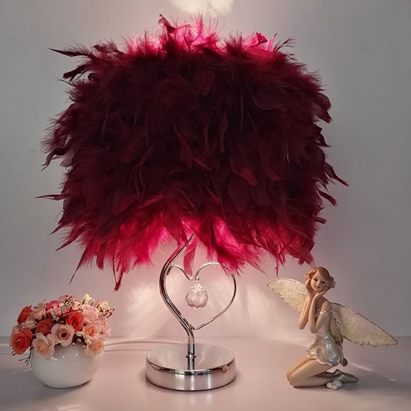 Modern Single Nightstand Lamp Red/White/Pink Bucket Shaped Table Light with Feather Shade and Crystal Drop