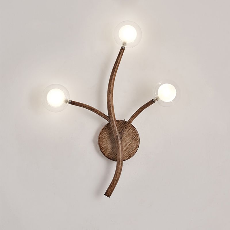Wooden Brown Wall Mount Light Twig 3/4 Heads Farmhouse Wall Sconce Lighting with Bubble Clear Glass Shade