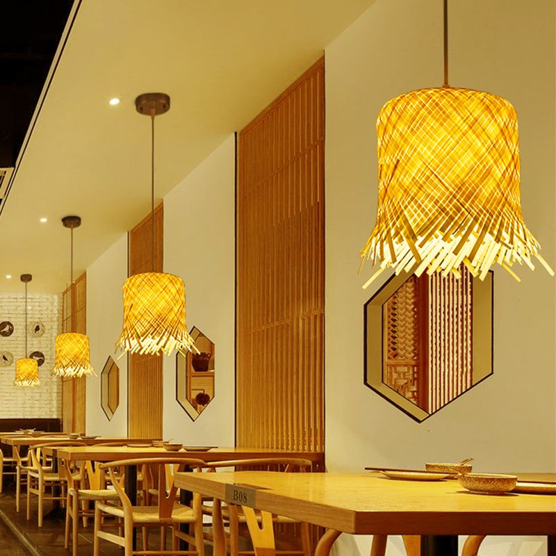 Asia Fringe Pendant Lighting Fixture Bamboo 1 Light  Kitchen Hanging Lamp Kit in Beige
