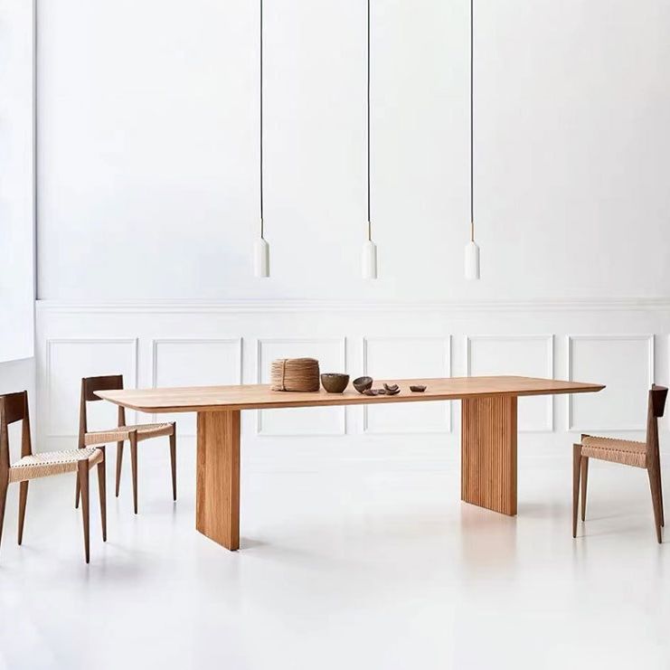 Natural Solid Wood Dining Table Modern Brown Furniture with Double Pedestal for Home