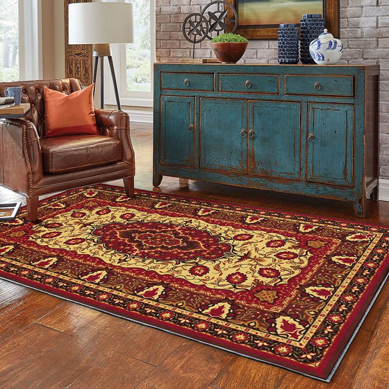 Wine Red Graphic Rug Polyester Bohemia Indoor Rug Washable Rug for Living Room