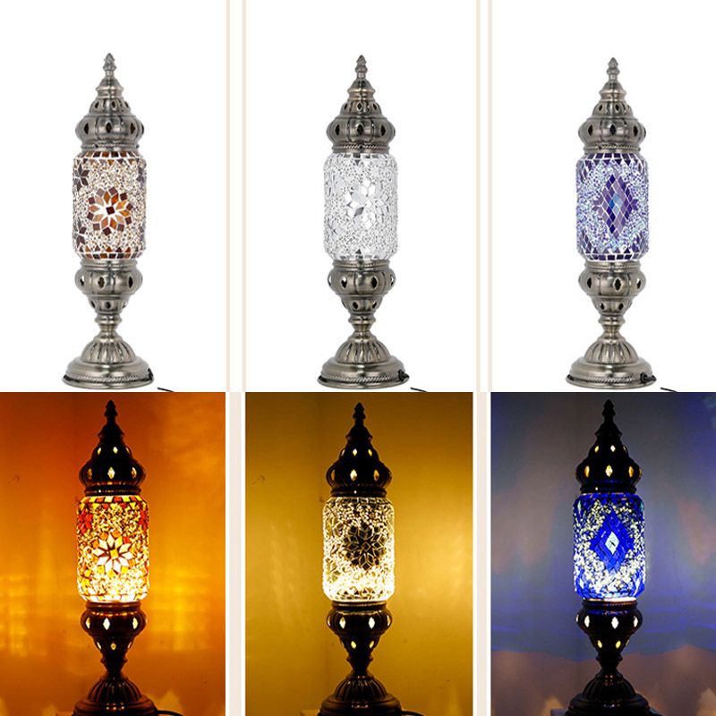 Moroccan Cylindrical Table Light 1-Bulb Handcrafted Mosaic Glass Night Stand Lamp