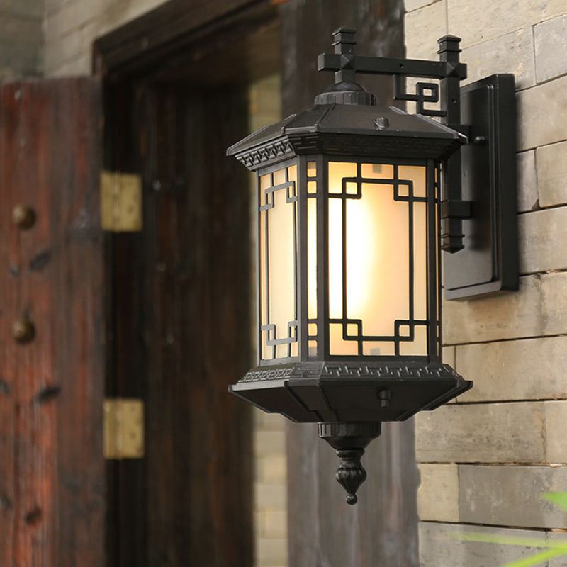 Black 1-Head Wall Sconce Lighting Country Opal Glass Pavilion Wall Mounted Lamp for Passage