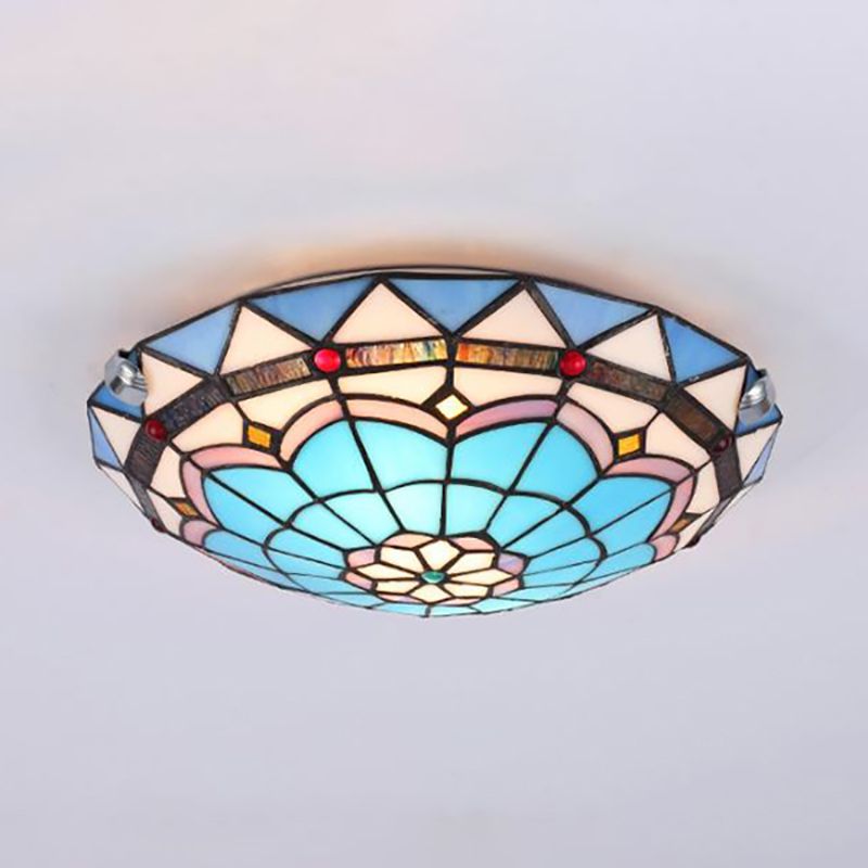 12"/16"/19.5" Wide Baroque Bowl Flush Ceiling Light Stained Glass Indoor Flush Mount Light in Blue/Blue-Brown