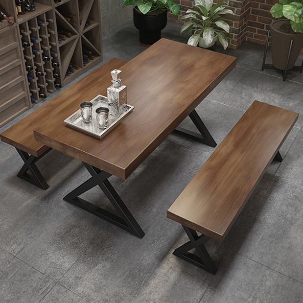 Industrial Rectangle Dining Table Pine Solid Wood Top Dining Table with Double Pedestal