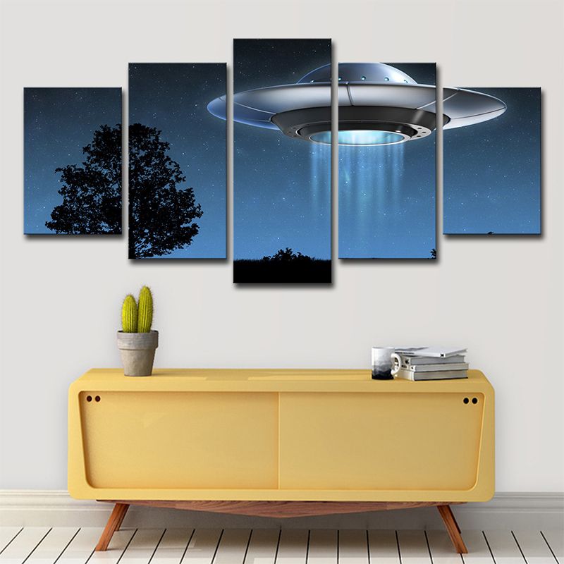 Science Fiction UFO Wall Art Boys Bedroom Canvas Print in Dark Blue, Multi-Piece