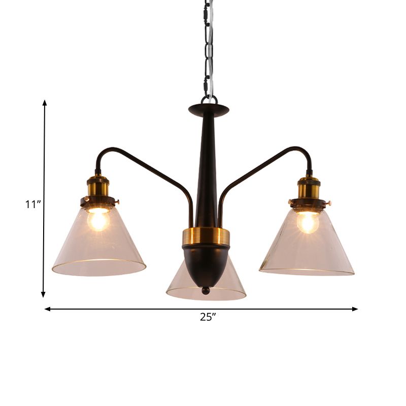 3/5/6-Light Conical Chandelier Light Traditional Black and Gold Hanging Pendant with Clear Glass Shade