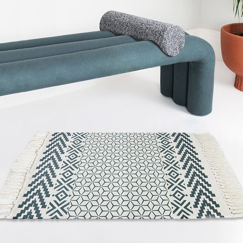 Weißer und blauer Schlafzimmer Teppich Südwestern Stamme Streifen Muster Teppich Baumwolle Anti-Rutsch-Rückenwaschable Teppich