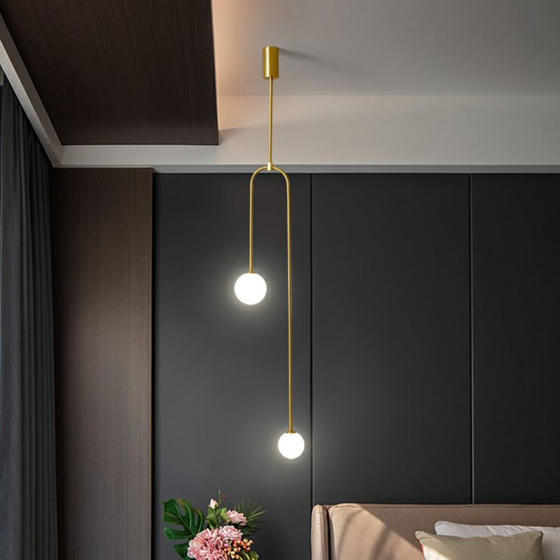 Minimalistic Orbs Pendant Ceiling Light Opal Glass 2-Light Bedside Chandelier in Brass