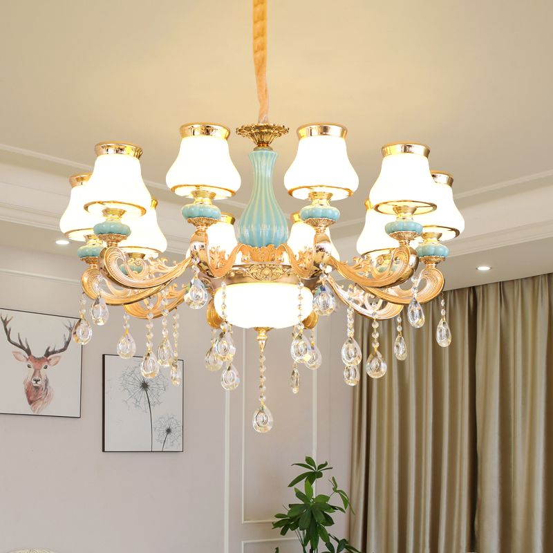 Handblown Glass Gold Chandelier Light Bud Retro Pendant Light Fixture with Crystal Accent