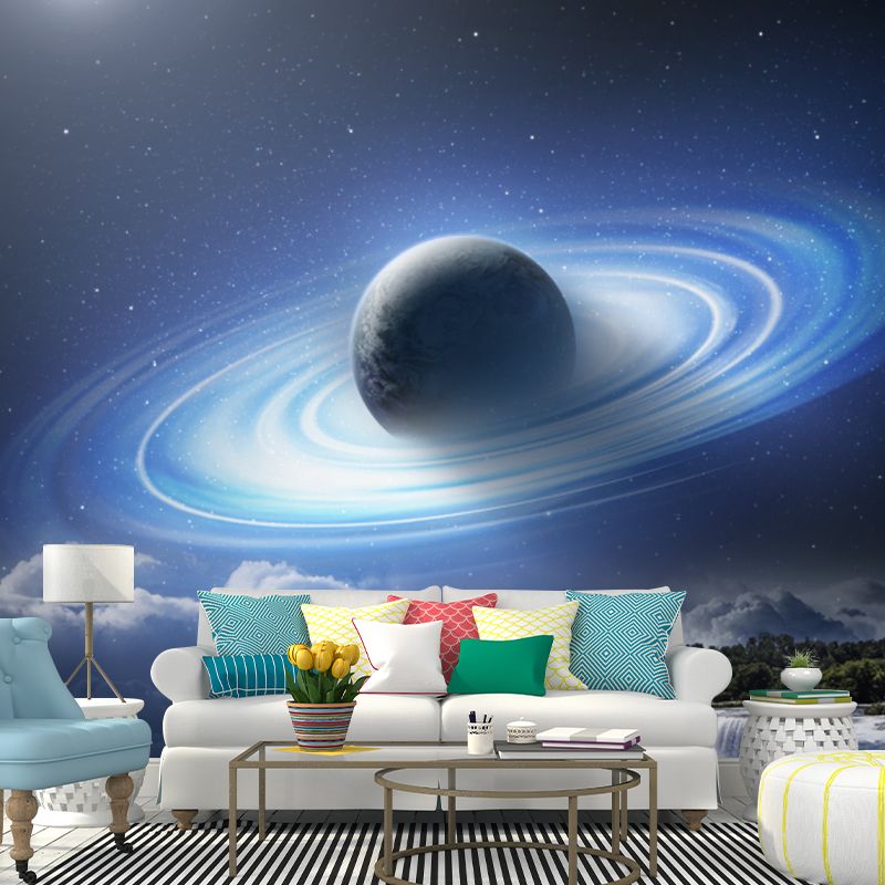 Blue-White Fictional Wall Mural Big Earth over Waterfall Wall Covering for Living Room