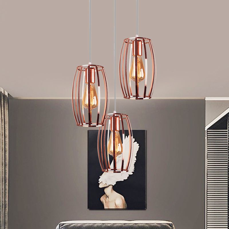 Eisenkupfer Hanging Lampe Ovaler Käfig Schatten 3 Lampen Industrielle stilvolle Deckenbehandlung mit runden/linearen Baldachin für Schlafzimmer