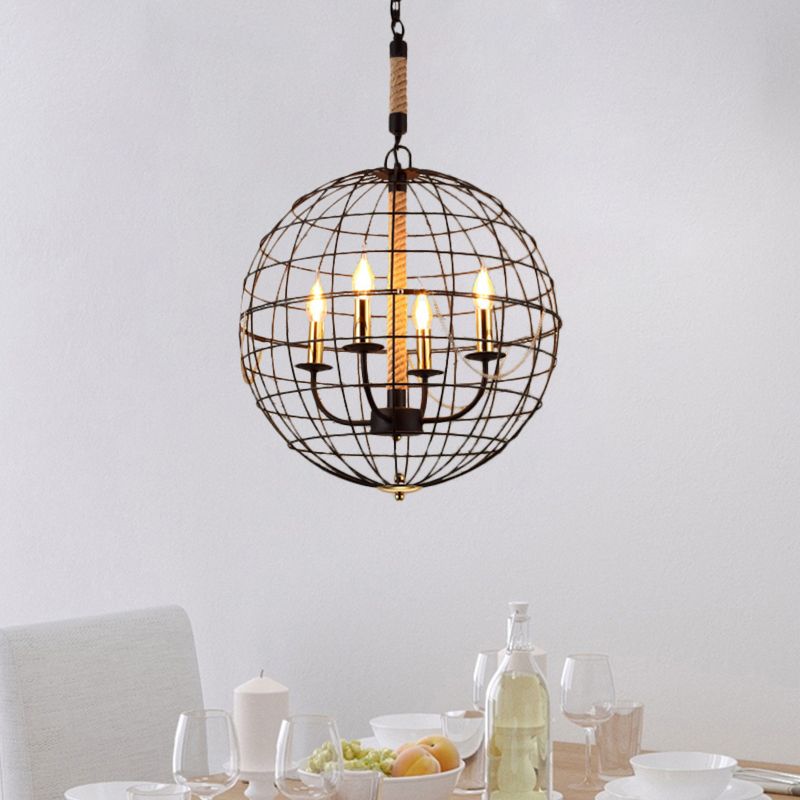 3/4/6 Lights Globe Shape Hanging Lamp with Wire Frame Vintage Stylish Golden Iron Ceiling Fixture for Dining Room